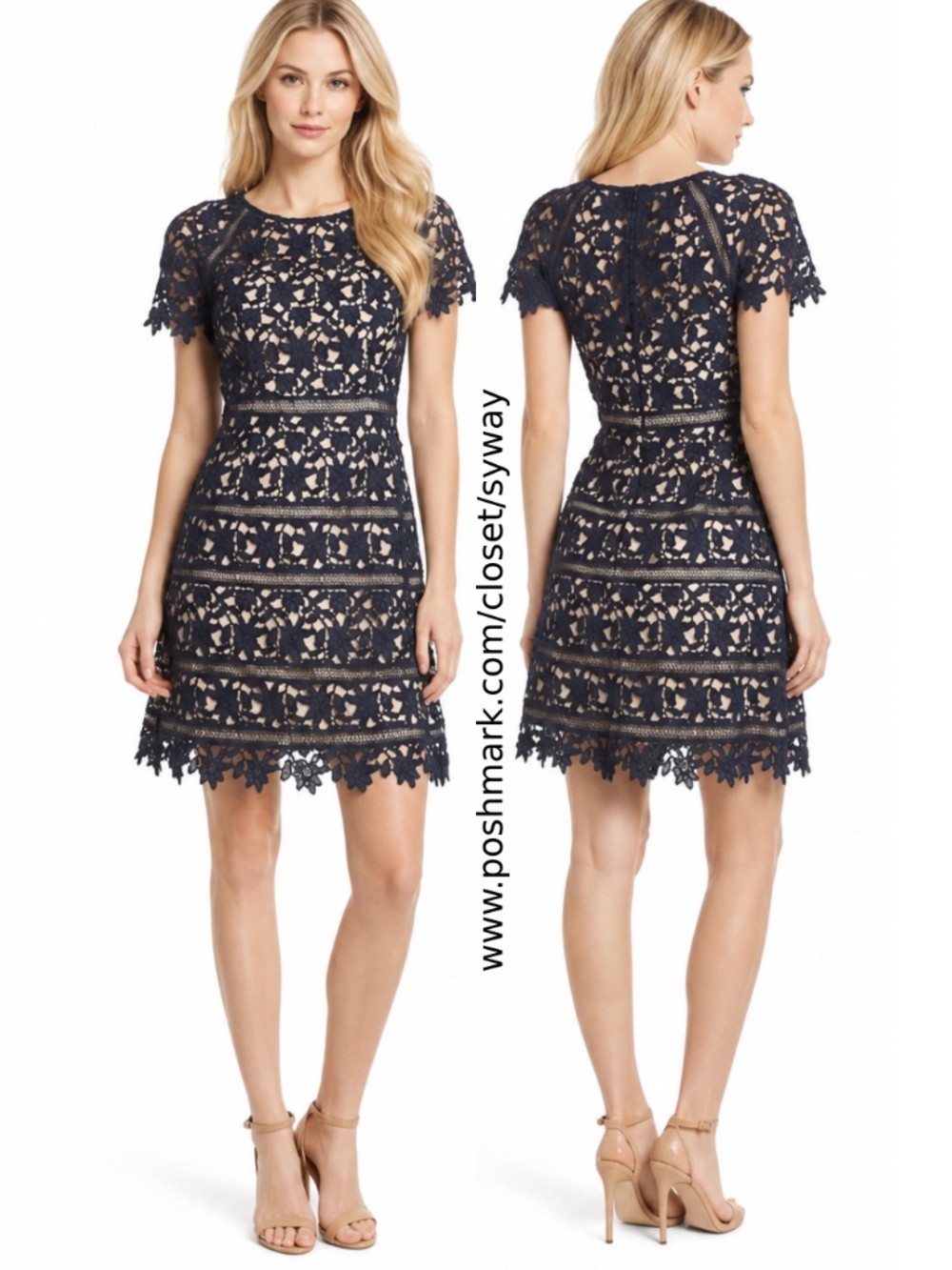 Eliza J. Dark Navy Blue Crochet Lace Overlay Sheath Dress